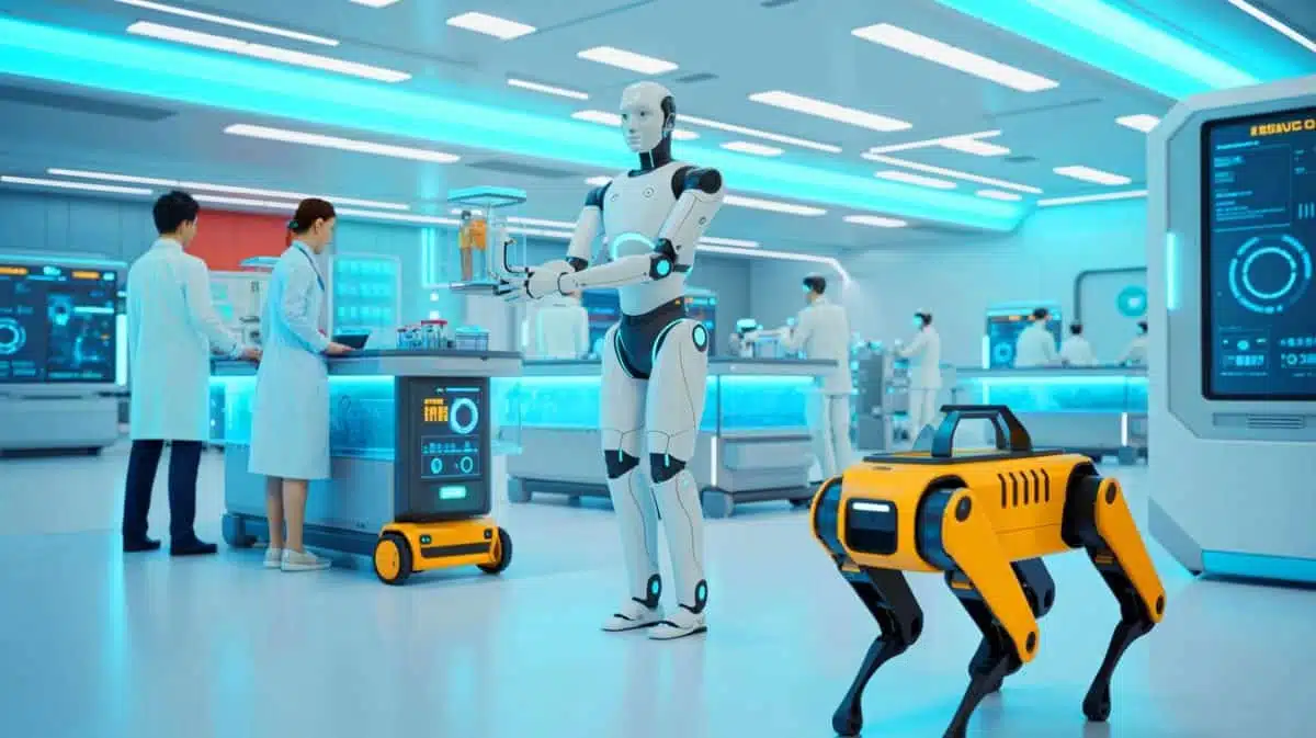 « Ces robots prennent soin des malades » : des humanoïdes et chiens mécaniques déployés dans un hôpital à Taïwan Illustration de l'intégration de robots intelligents dans les hôpitaux taïwanais pour optimiser les soins médicaux. Image réalisée par IA.