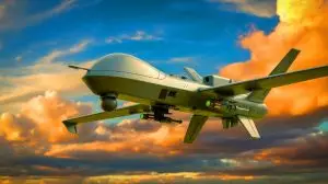 Illustration de la mise en service du drone collaboratif StormShroud par la Royal Air Force. Image réalisée par IA.