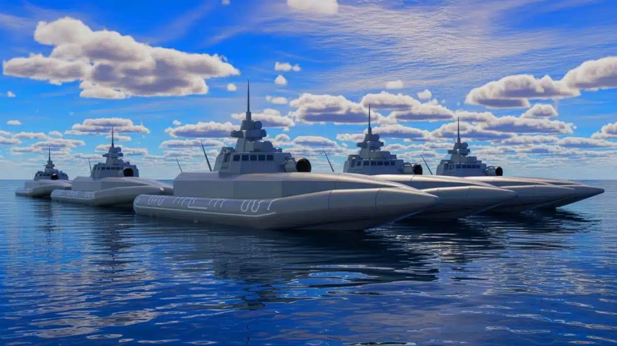 Illustration de la flotte de navires de guerre gonflables de la Royal Navy. Image réalisée par IA.