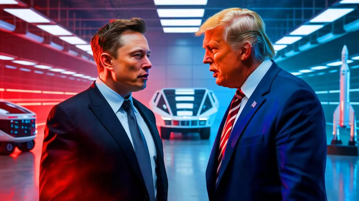 Illustration de la discorde entre Elon Musk et Donald Trump sur fond de débat économique et technologique. Image réalisée par IA.