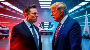 Illustration de la discorde entre Elon Musk et Donald Trump sur fond de débat économique et technologique. Image réalisée par IA.