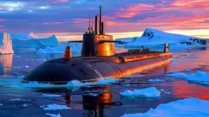 Illustration de la puissance militaire russe avec le sous-marin nucléaire Knyaz Pozharsky dans l'Arctique. Image réalisée par IA.