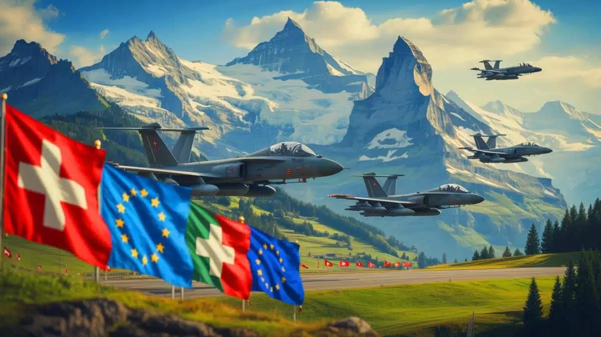 Illustration de la Suisse renonçant aux avions de chasse F-35 américains et se tournant vers des partenariats européens. Image réalisée par IA.