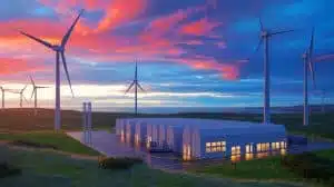 Illustration de l'usine de turbines chinoise Mingyang en Écosse, au cœur des enjeux géopolitiques et sécuritaires. Image réalisée par IA.