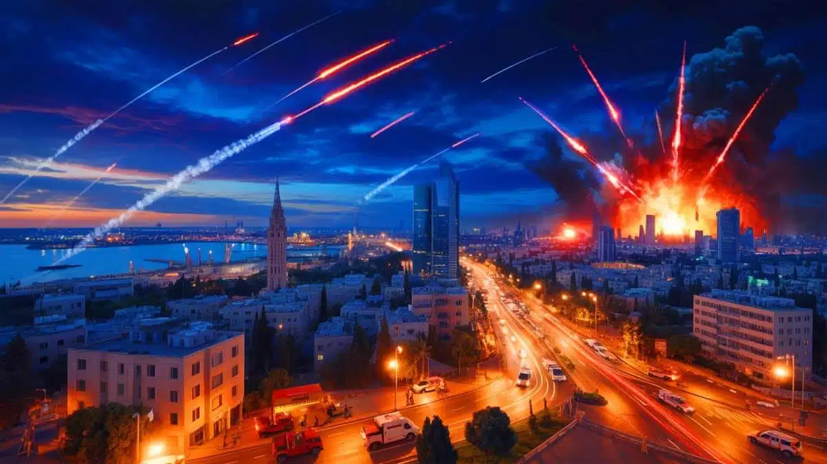 « Ils n’ont rien vu venir » : l’attaque iranienne de lundi aurait désorienté tout le bouclier israélien Illustration de l'escalade des tensions entre l'Iran et Israël avec des frappes de missiles sur Tel Aviv et Haïfa. Image réalisée par IA.