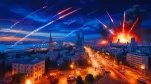 Illustration de l'escalade des tensions entre l'Iran et Israël avec des frappes de missiles sur Tel Aviv et Haïfa. Image réalisée par IA.