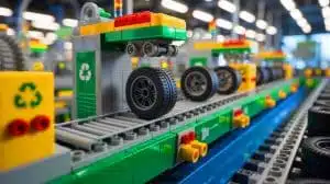 Illustration de pneus LEGO fabriqués à partir de matériaux recyclés. Image réalisée par IA.