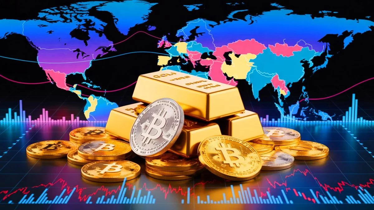 Illustration de la comparaison entre l'or et les cryptomonnaies dans le contexte des tensions géopolitiques. Image réalisée par IA.