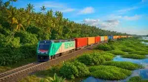 Illustration de trains de fret modernes traversant l'isthme de Tehuantepec. Image réalisée par IA.