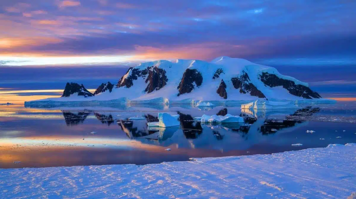 Illustration de la chaîne de montagnes cachée sous la glace de l'Antarctique depuis 500 millions d'années. Image réalisée par IA.