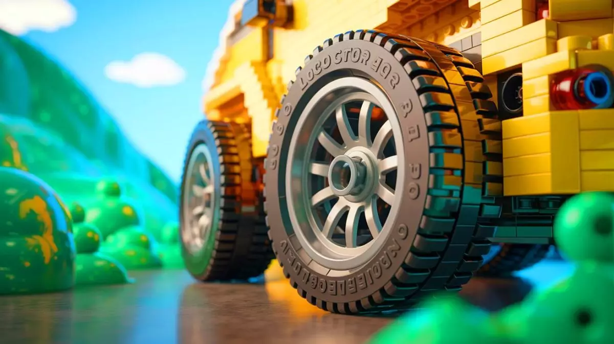 Illustration of LEGO tires made from recycled materials as part of a sustainability initiative. Image generated by AI.