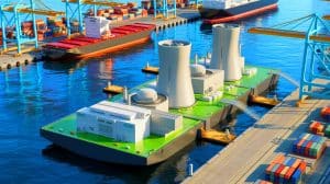 Illustration de la centrale nucléaire flottante projetée par les États-Unis pour concurrencer la Russie. Image réalisée par IA.