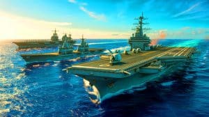Illustration de la revitalisation de la flotte navale américaine face à la montée en puissance de la marine chinoise. Image réalisée par IA.