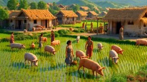 Illustration de la domestication précoce des porcs en Chine il y a 8 000 ans. Image réalisée par IA.