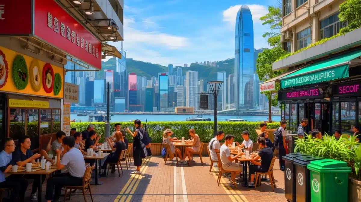 Illustration de la lutte de Hong Kong contre les plastiques à usage unique dans le secteur de la restauration. Image réalisée par IA.