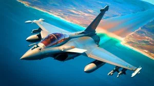 Illustration de l'avion Rafale survolant des paysages portugais. Image réalisée par IA.