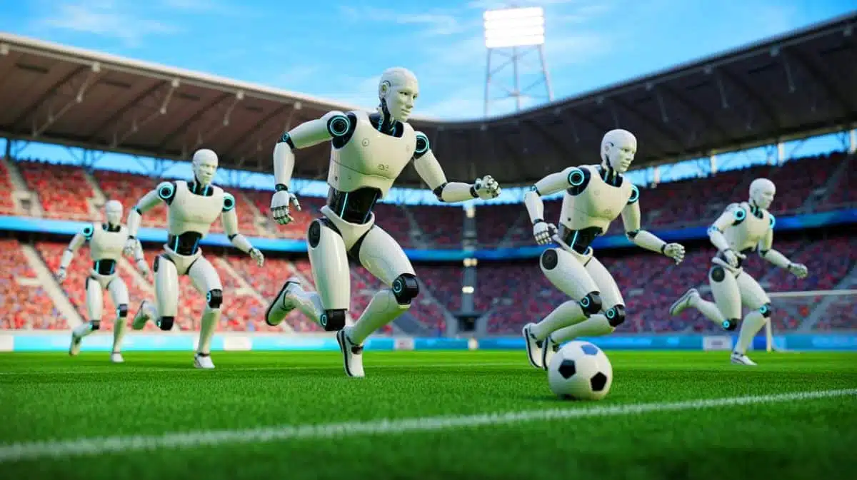 Illustration de robots humanoïdes autonomes jouant un match de football à Pékin. Image réalisée par IA.