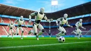 Illustration de robots humanoïdes autonomes jouant un match de football à Pékin. Image réalisée par IA.