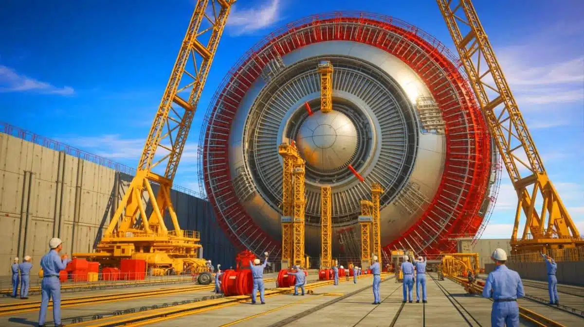 Illustration of a critical 50-foot magnetic component delivered from China to the ITER project in France. Image generated by AI.