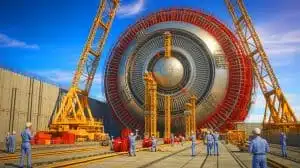Illustration of a critical 50-foot magnetic component delivered from China to the ITER project in France. Image generated by AI.