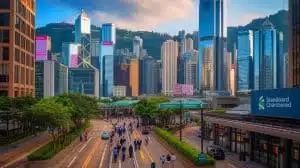 Illustration of affluent investors engaging in diversified financial activities in Hong Kong. Image generated by AI.