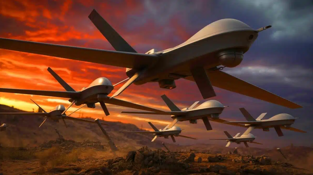 Illustration of stealth-coated Shahed drones equipped with incendiary warheads in a strategic military operation. Image generated by AI.