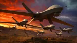 Illustration of stealth-coated Shahed drones equipped with incendiary warheads in a strategic military operation. Image generated by AI.