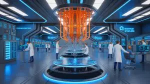 Illustration of a quantum computer in a lab environment. Image generated by AI.