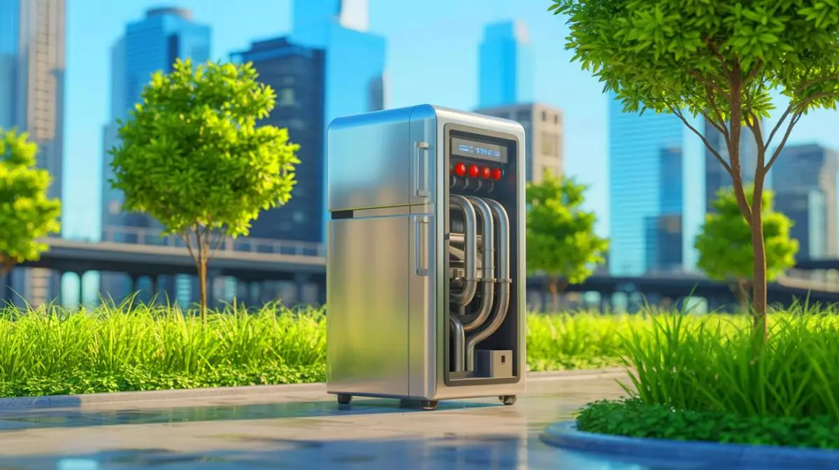 Illustration of a machine transforming ambient air into clean gasoline. Image generated by AI.
