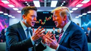 Illustration of Elon Musk and Donald Trump in a public fallout over a controversial spending bill. Image generated by AI.