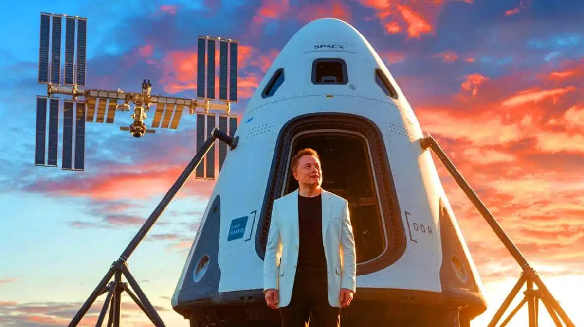 Illustration of Elon Musk's Dragon spacecraft amid geopolitical tensions with former President Donald Trump. Image generated by AI.