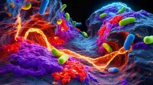 Illustration of a microbe engineered to extract rare earth elements and capture carbon dioxide. Image generated by AI.