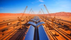 Illustration of the Neom project's transformative impact on the desert landscape and potential environmental effects. Image generated by AI.