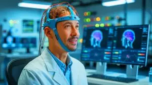 Illustration de l'interface cerveau-ordinateur permettant à un patient paralysé de communiquer en temps réel. Image réalisée par IA.