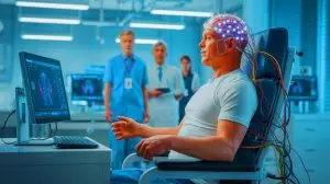 Illustration of a brain-computer interface enabling real-time communication for paralyzed patients. Image generated by AI.