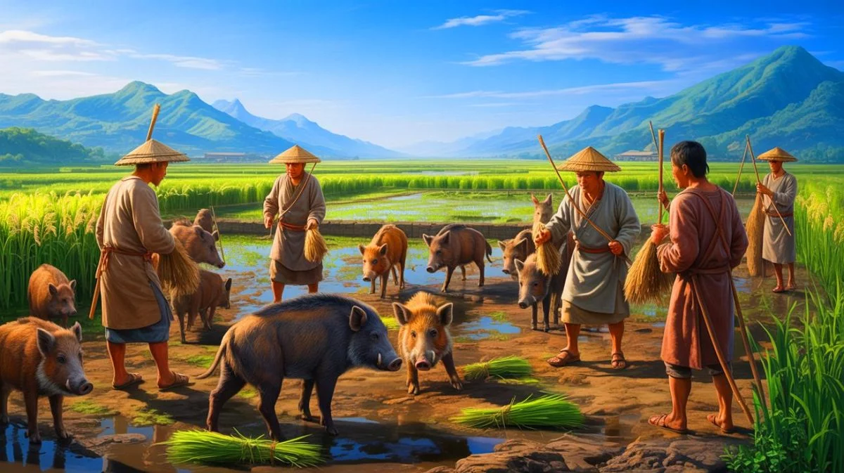 Illustration of the domestication of pigs in ancient China. Image generated by AI.