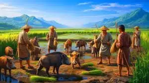 Illustration of the domestication of pigs in ancient China. Image generated by AI.