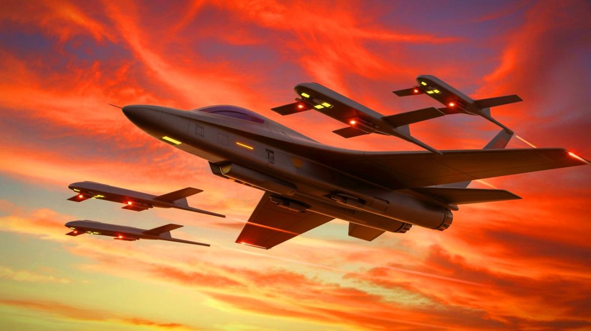 Illustration of the integration of artificial intelligence in military aviation, showcasing autonomous combat systems. Image generated by AI.