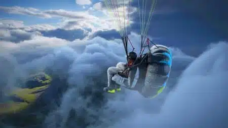 Illustration of a paraglider caught in a cloud suck ascending to a high altitude. Image generated by AI.