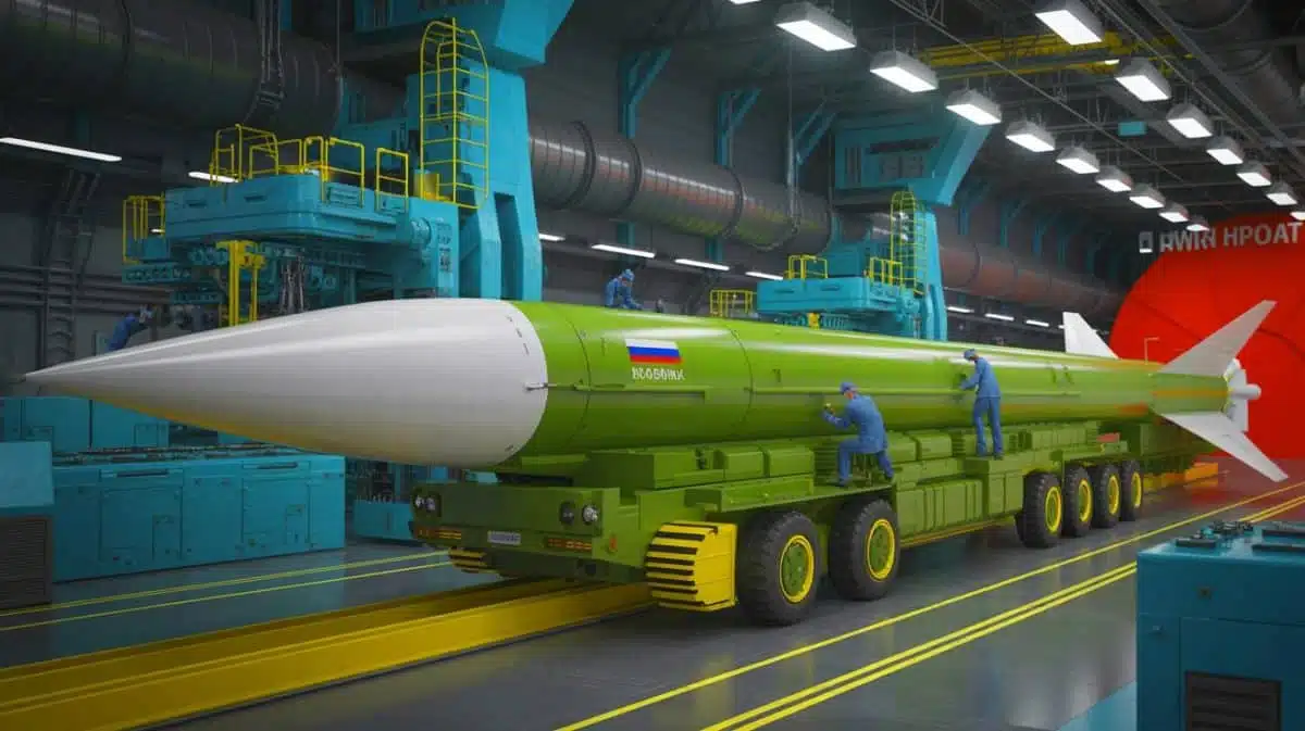 Illustration de la production en série du missile hypersonique Oreshnik par la Russie. Image réalisée par IA.