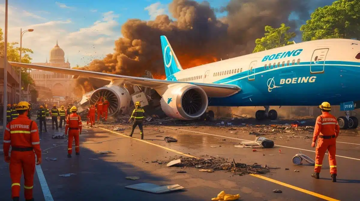 Illustration de l'accident tragique du Boeing 787-8 d'Air India en Inde. Image réalisée par IA.