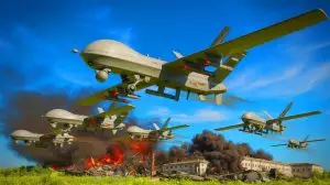 Illustration of Ukraine's Spiderweb drone attack on Russian military assets. Image generated by AI.