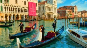 Illustration du mariage extravagant de Jeff Bezos à Venise avec une flotte de yachts et de taxis nautiques. Image réalisée par IA.