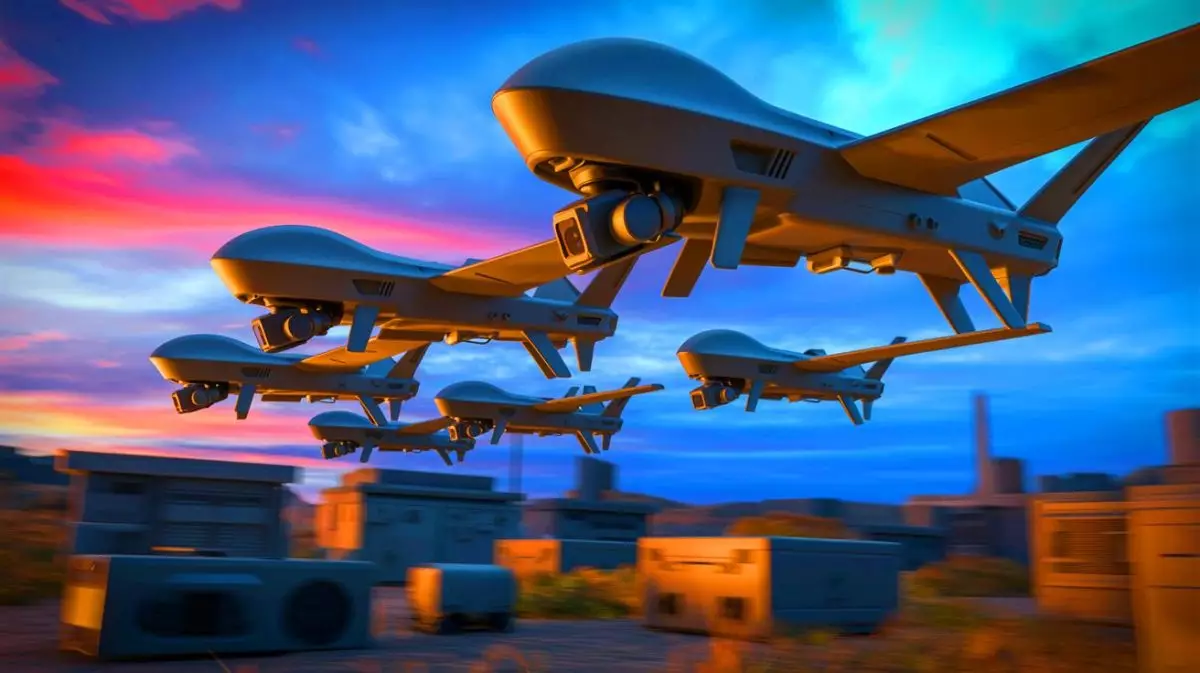 Illustration de drones autonomes en essaim opérant sur le champ de bataille. Image réalisée par IA.