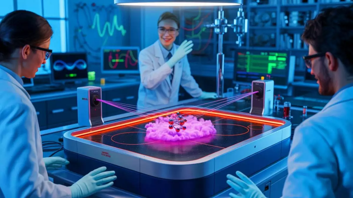 Illustration of a new type of atom interferometer developed at the University of Colorado Boulder for 3D acceleration measurement. Image generated by AI.