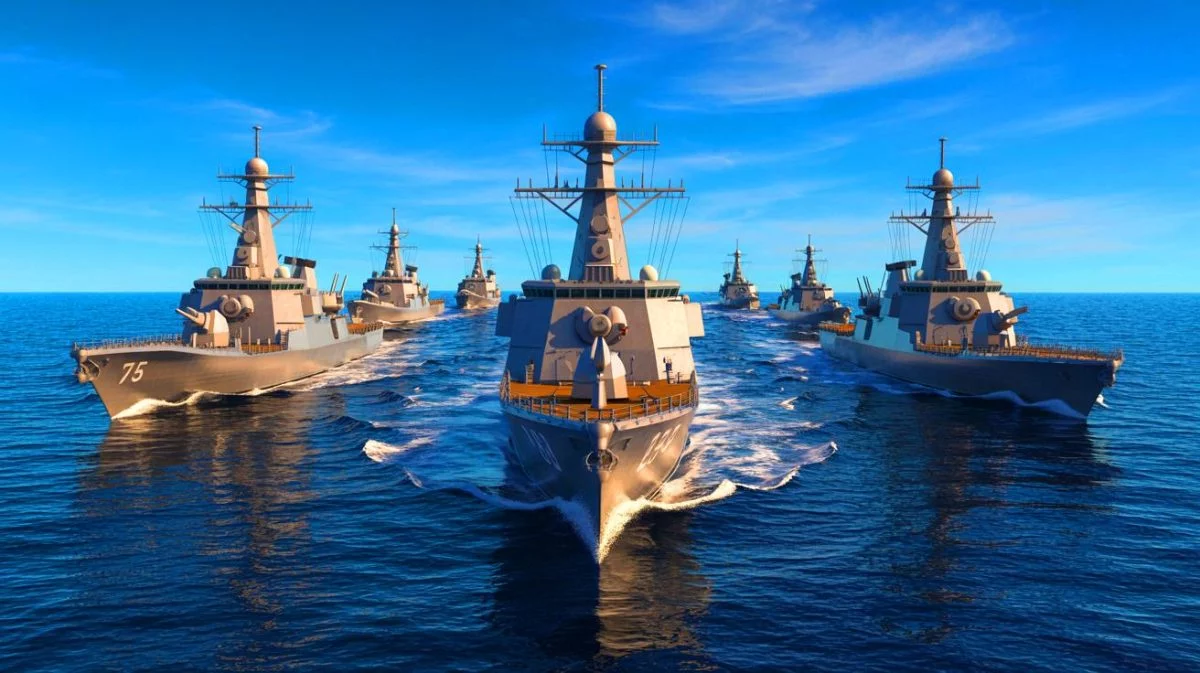 Illustration of the UK Royal Navy expansion with new ships and advanced technology. Image generated by AI.