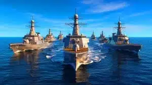 Illustration of the UK Royal Navy expansion with new ships and advanced technology. Image generated by AI.