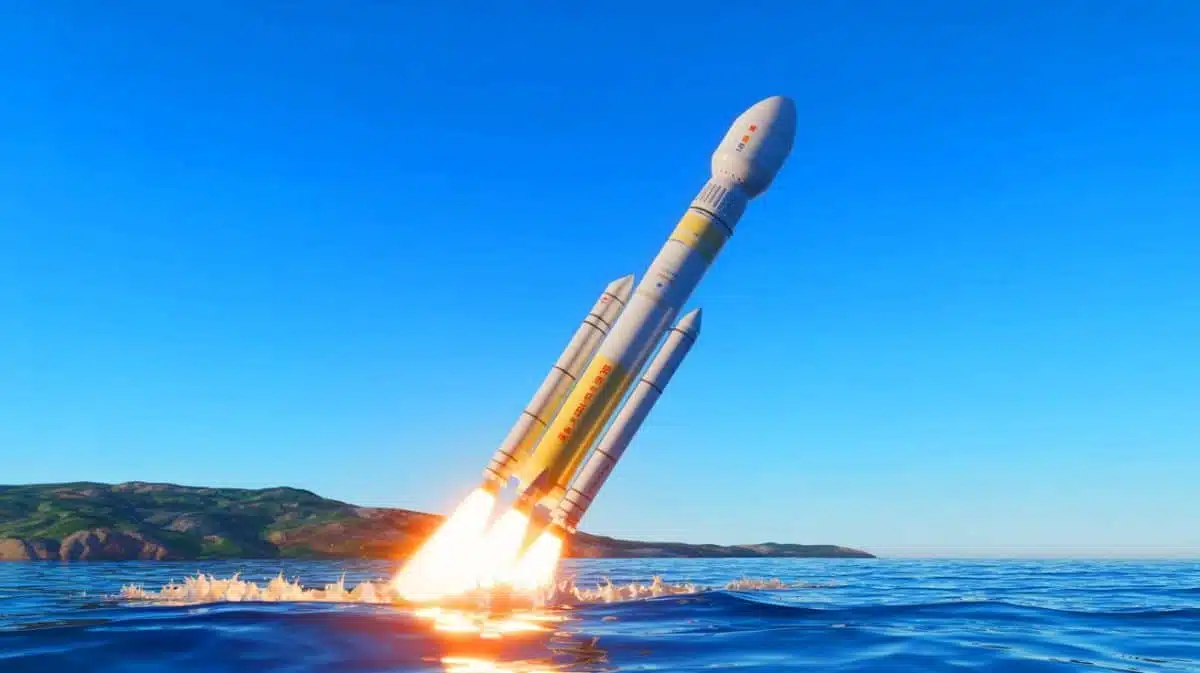 Illustration of Space Epoch’s Yanxingzhe-1 rocket performing a sea recovery test. Image generated by AI.