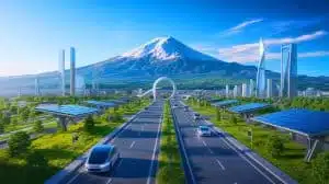 Illustration of Woven City at the base of Mount Fuji, showcasing autonomous systems and sustainable infrastructure. Image generated by AI.