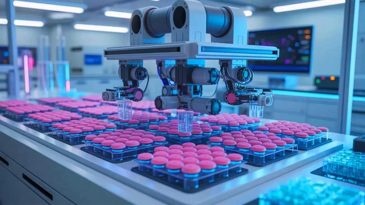 Illustration of a robotic system sorting stem cell-derived gastruloids to enhance research into early human development. Image generated by AI.